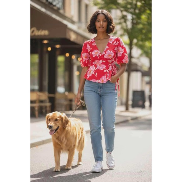 Old Navy Tops - NWT Old Navy Floral‎ Puff Sleeve Wrap Top S Red Pink Cottagecore Peplum Babydoll